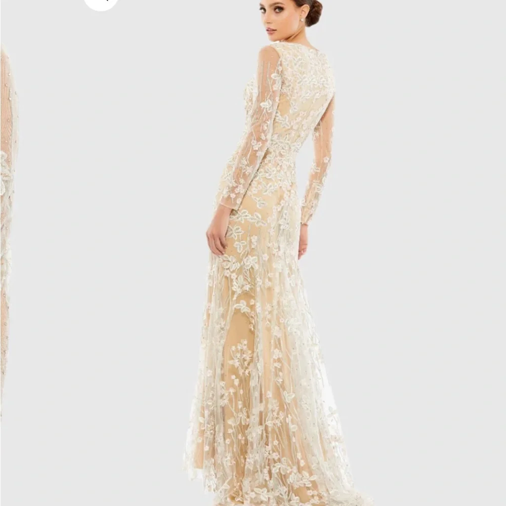 Mac Duggal Long Sleeve Lace Gown in Cream and White - Picture 2 of 9